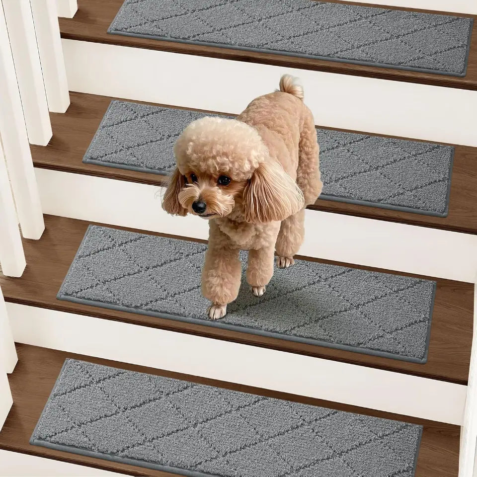 Dog standing on a set of stairs with Medium Grey diamond-patterned rugs