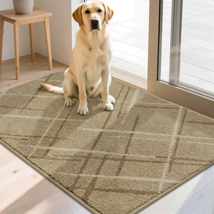 Dog Sitting on Abstract Buffalo Plaid Doormat