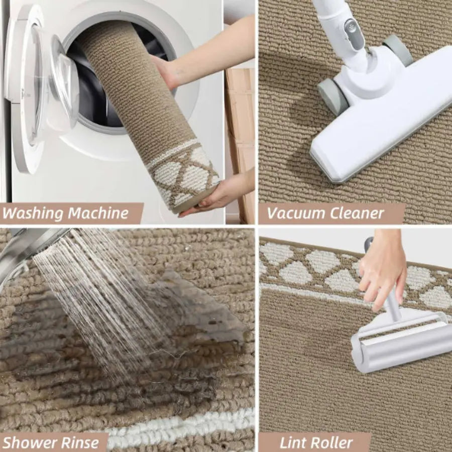 Easy to Clean Taupe Grid-Filled Border Cool Kitchen Rugs