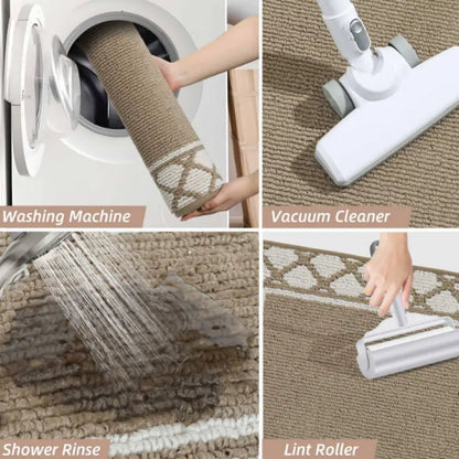 Easy to Clean Taupe Grid-Filled Border Cool Kitchen Rugs