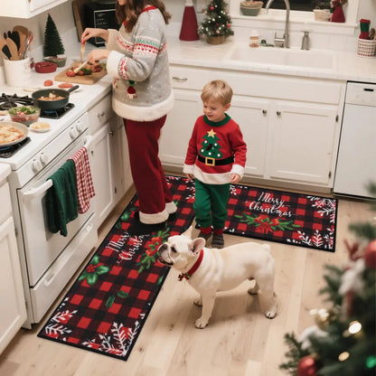 Family in Christmas Kitchen with Buffalo Plaid Poinsettia Christmas Kitchen Rug Runner