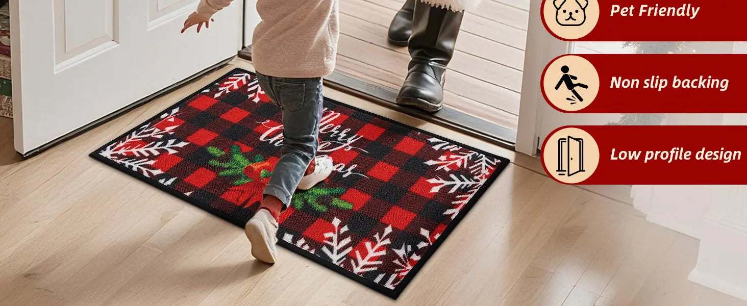 Girl Welcome Santa with Buffalo Plaid Poinsettia Christmas Floor Mats