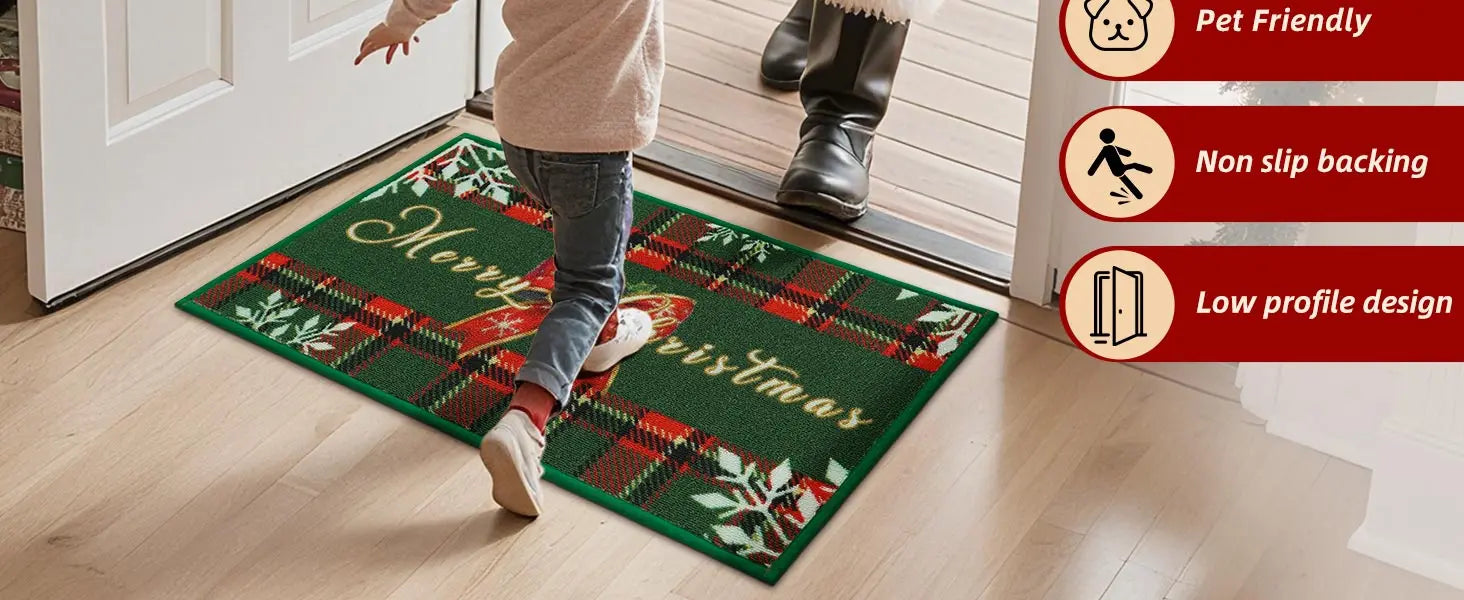 Girl Welcome Santa with Green Tartan Xmas Floor Mat
