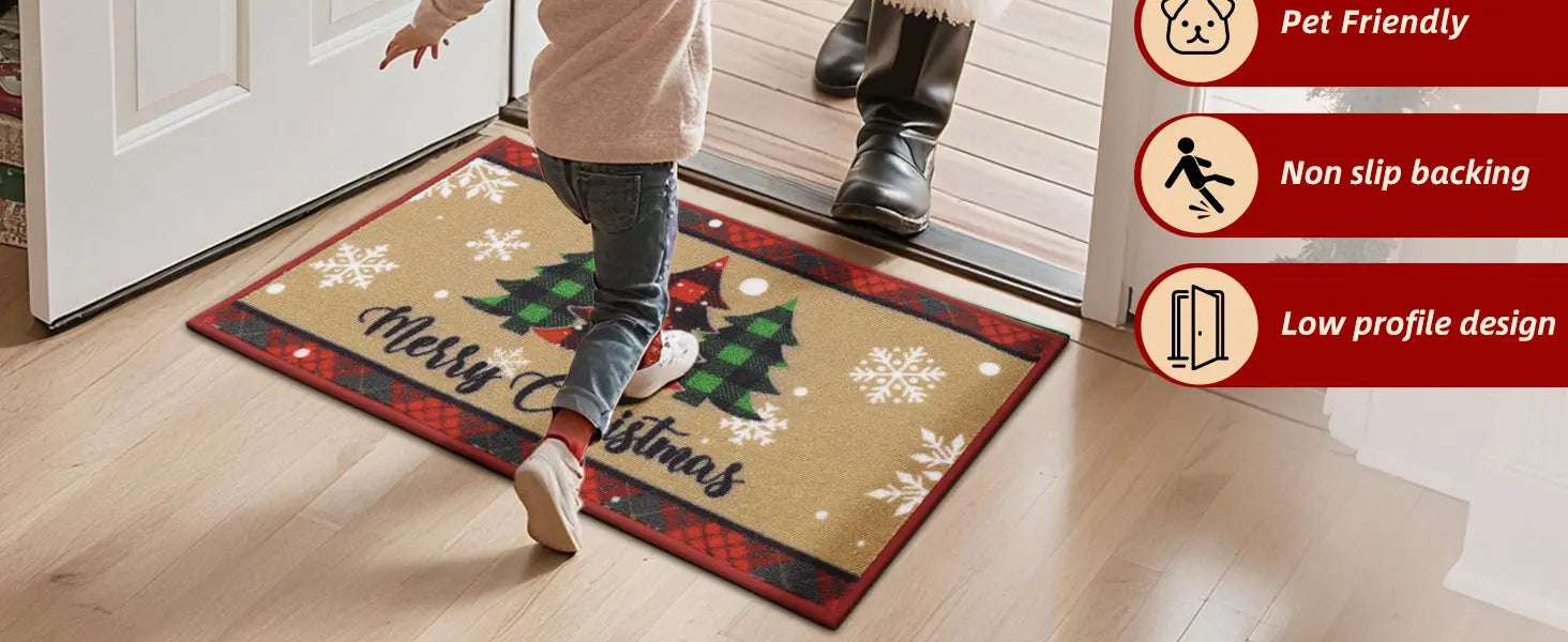 Girl Welcome Santa with Tree Snowflakes Christmas Front Door Mat for Xmas Design