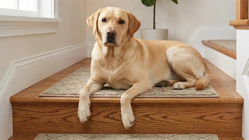 Dog lying on a wooden step with a diamond stair rug