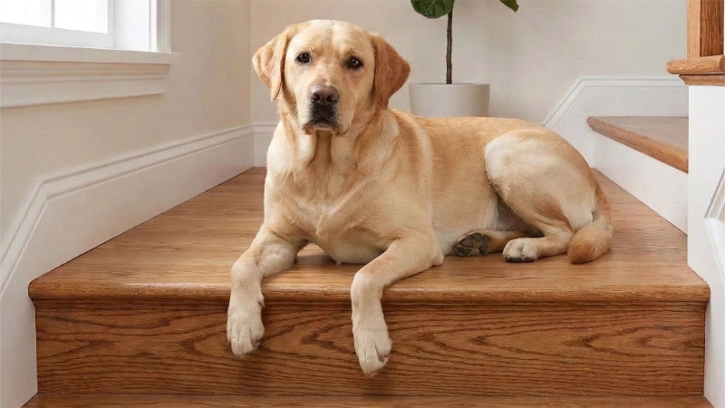Dog sitting on a wooden staircase in a home setting