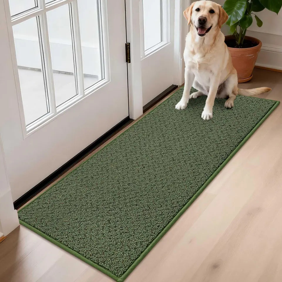 Dog sitting on a green doormat at the entrance of a house.