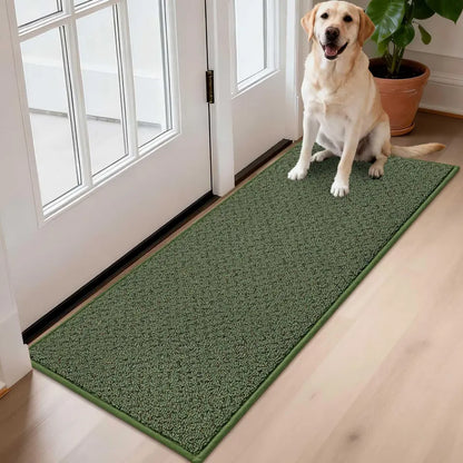 Dog sitting on a green doormat at the entrance of a house.