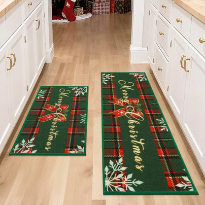 Green Tartan Christmas Floor Mats for Kitchen