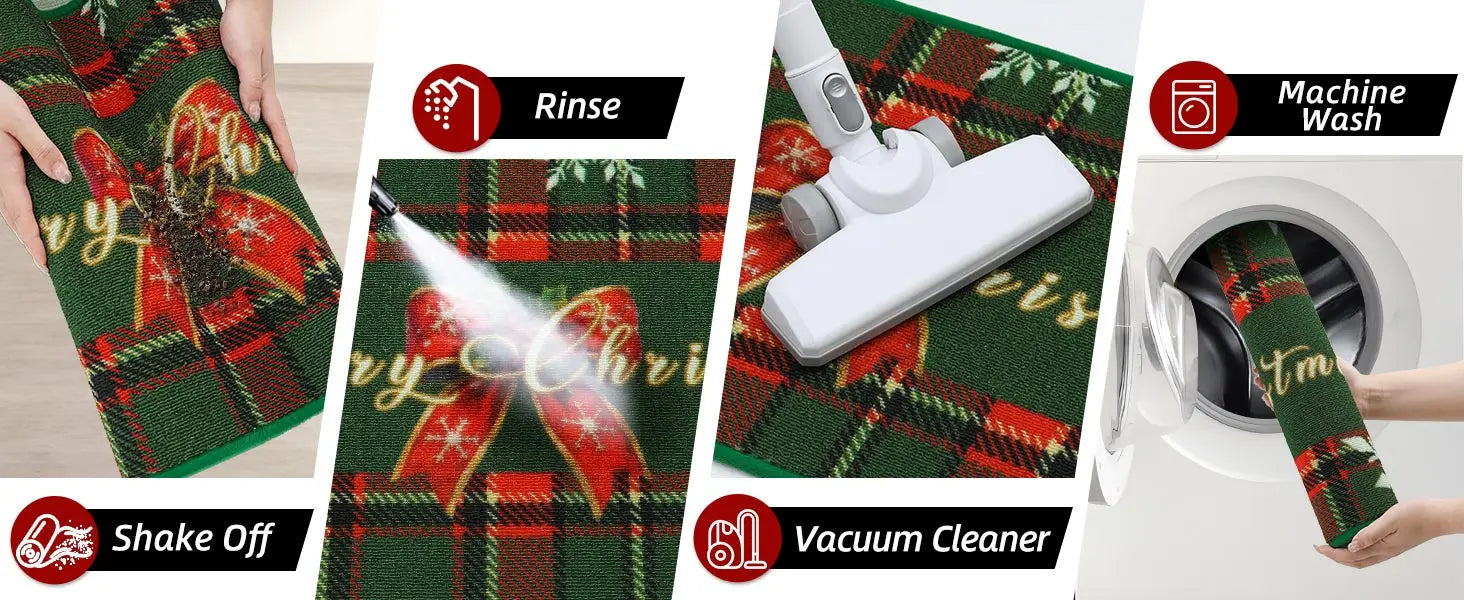 Green Tartan Xmas Floor Mat Which can be Cleaned by Various Way
