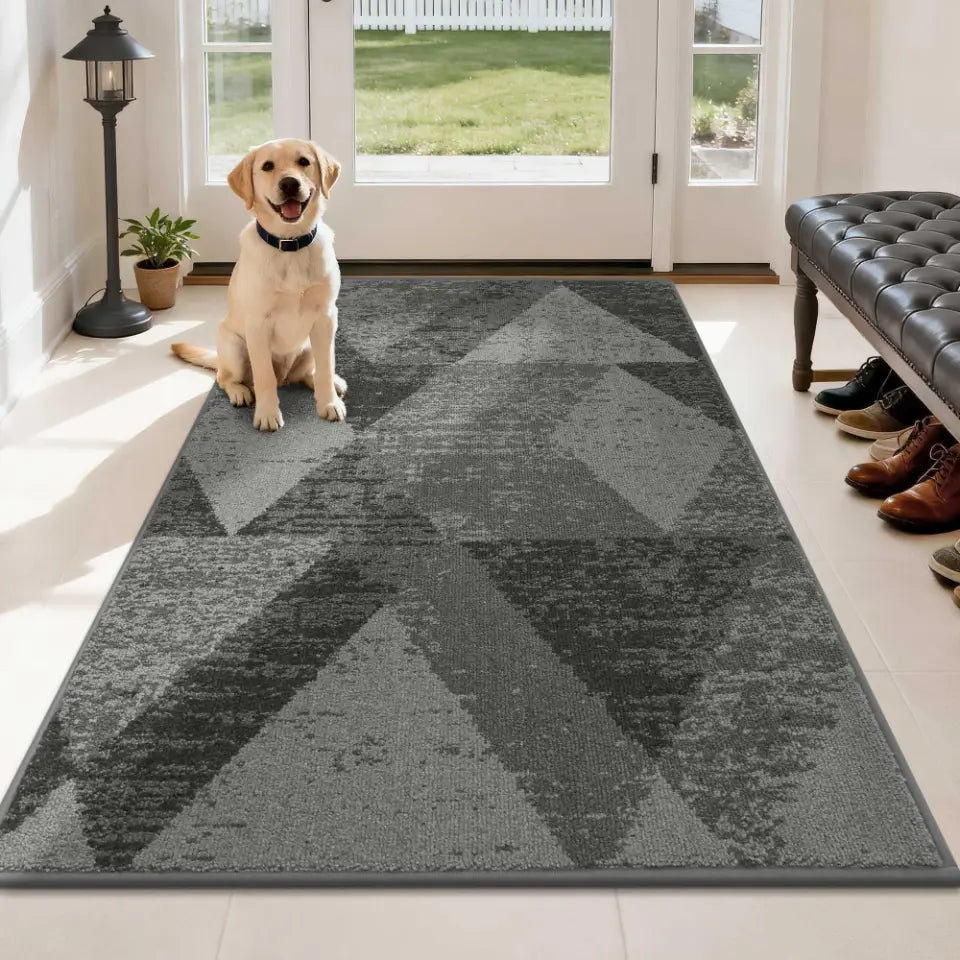 Dog sitting on a grey geometric patterned rug in a home setting with a bench and shoes in the background.