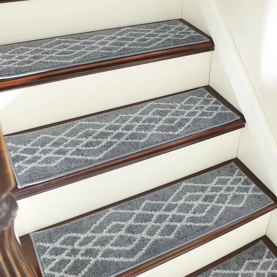 Grey Classic Geometric Carpet Stairs