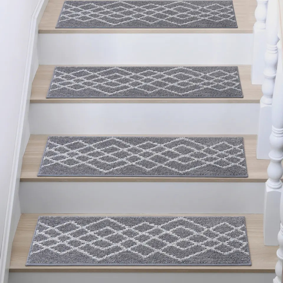 Grey Classic Geometric Carpet Stairs