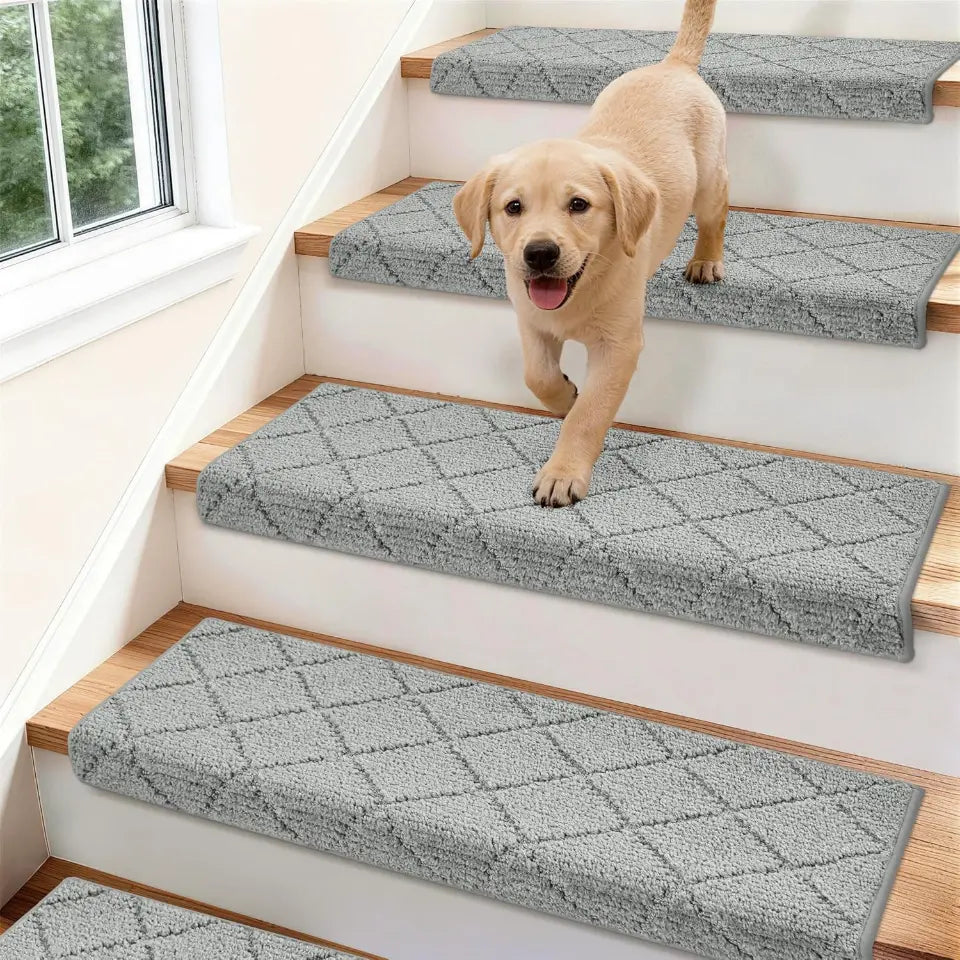 Dog standing on a set of stairs with grey textured stair pads