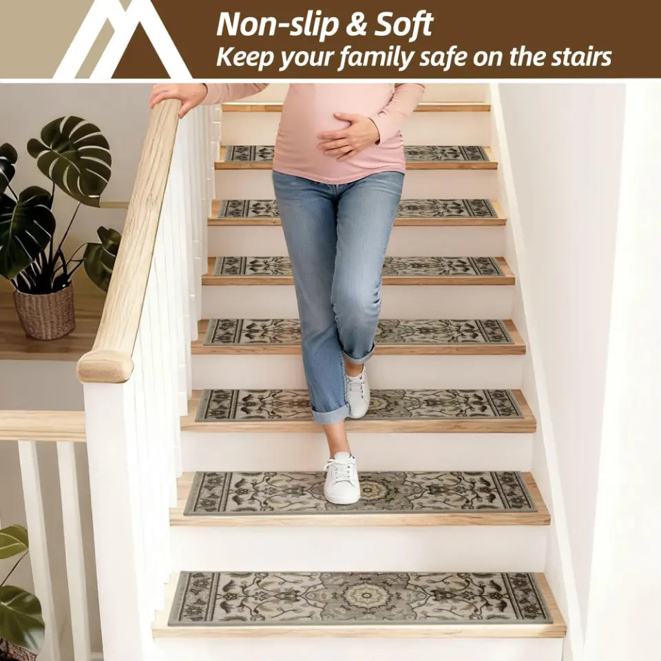 Grey Geometric Floral Durable Non-Slip Stair Treads