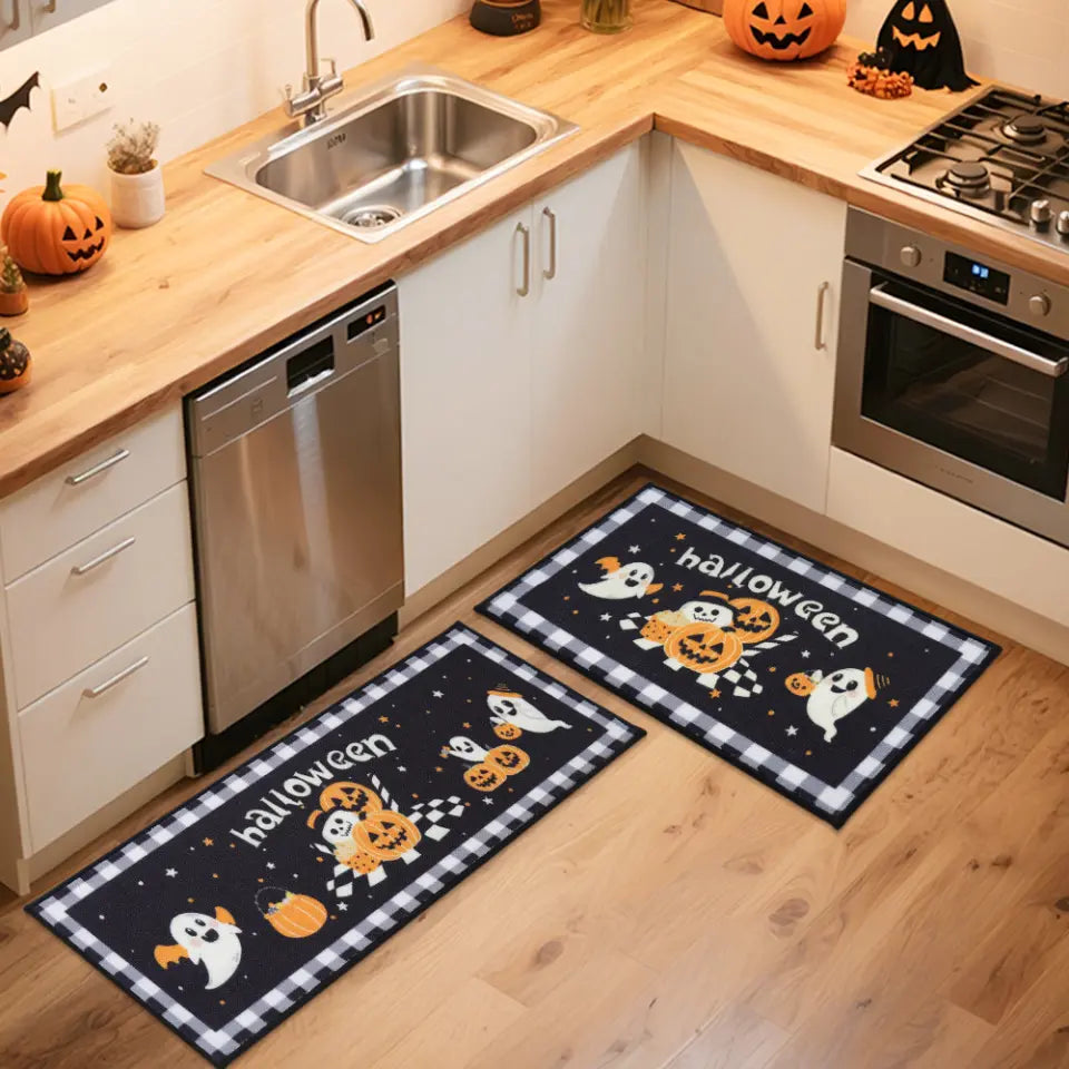 Halloween Ghost and Pumpkin Kitchen Mat in Halloween Kitchen