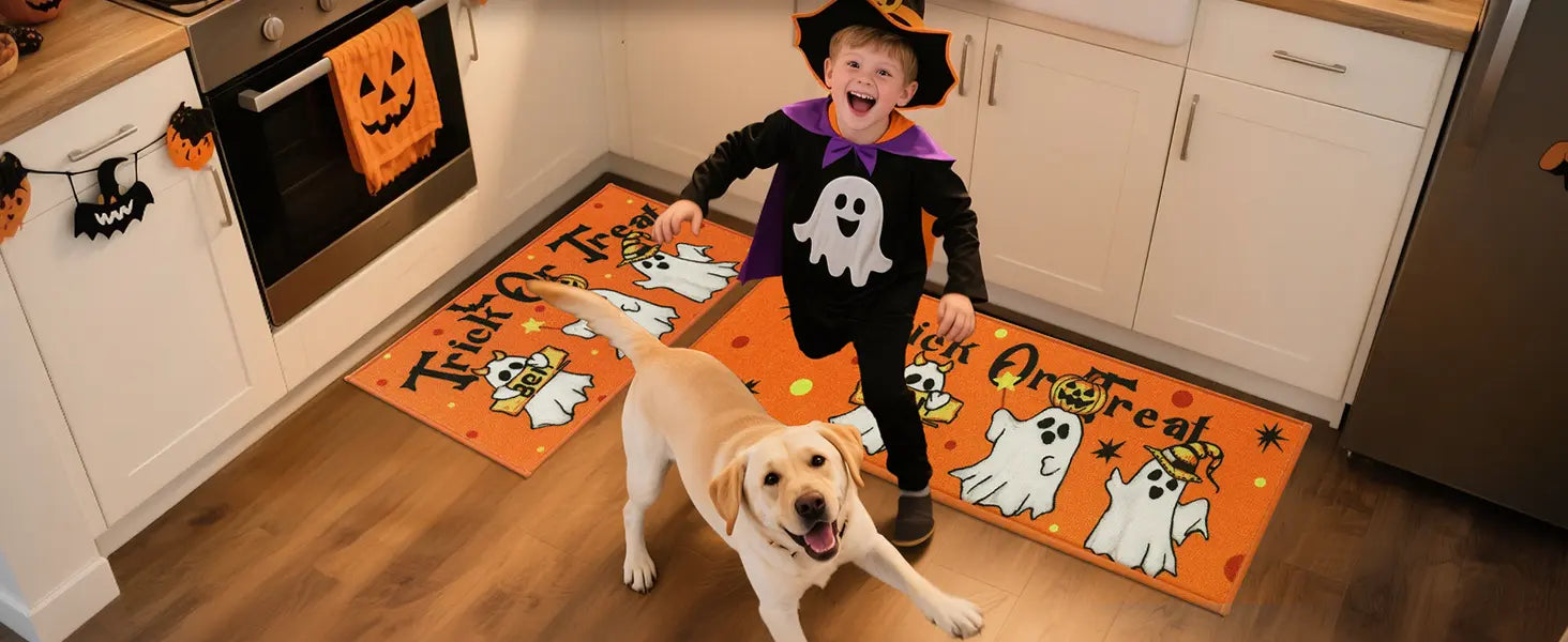 Kid Pet Celebrating Festival on Trick or Treat Halloween Kitchen Mat