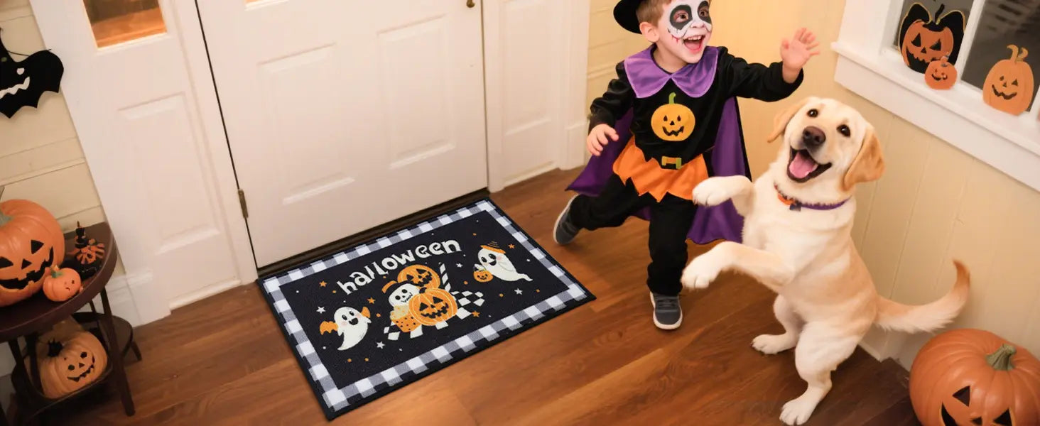 Kid Pet Celebrating on Hall with Funny Halloween Doormat