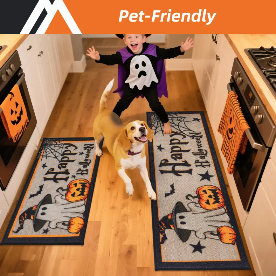 Kid and Dog Happy Halloween Kitchen Runner