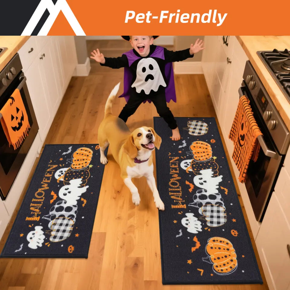 Kid and Doggy Happy Halloween in Kitchen with Pumpkin Halloween Kitchen Rug Set