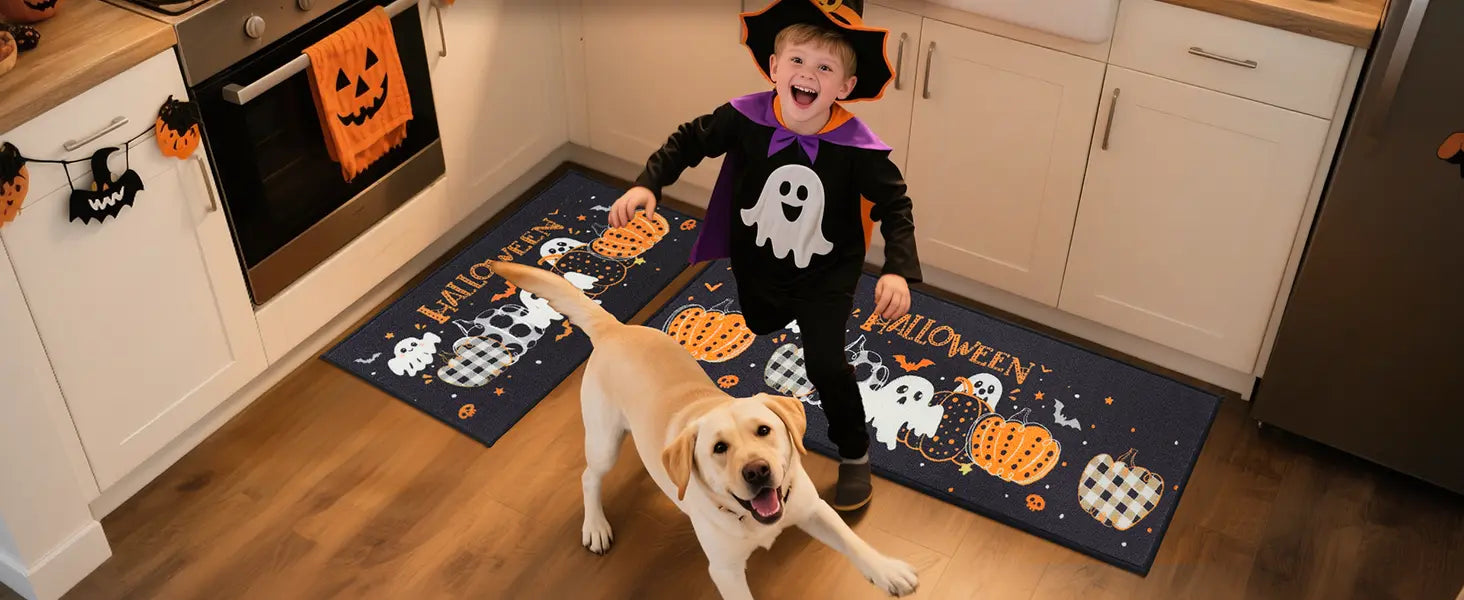 Kid and Pet Celebrate in Kitchen with Dirt Trapper Ghost and Pumpkin Halloween Rugs for Kitchen
