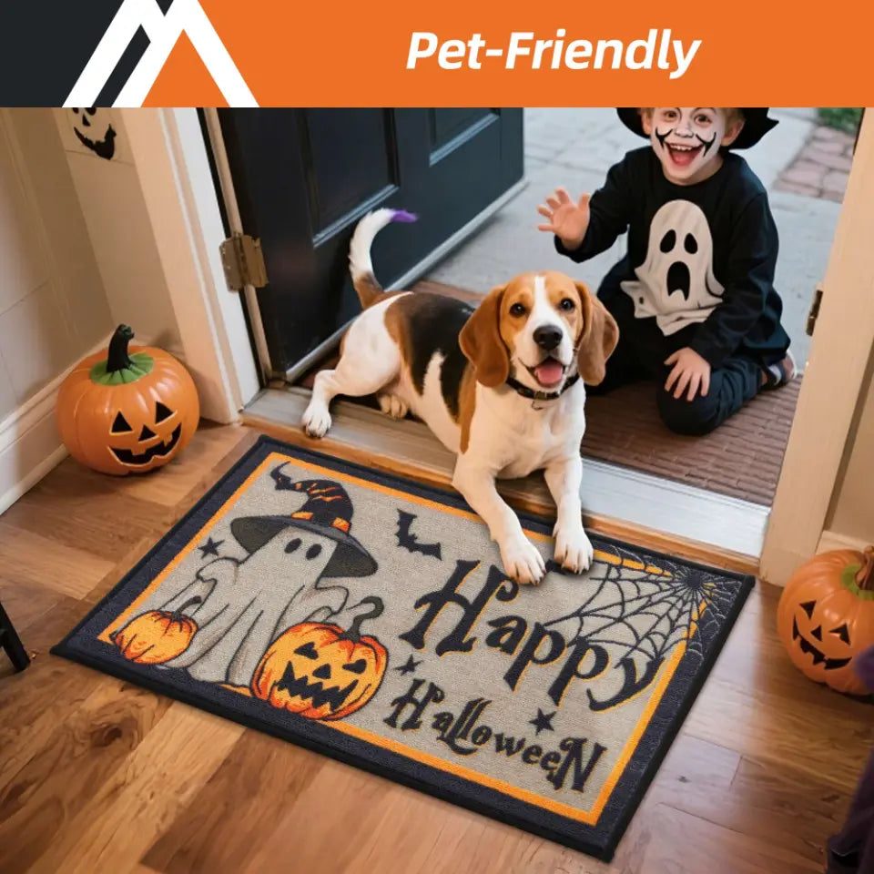Kid and Pet Friendly Happy Halloween Spiderweb Doormat