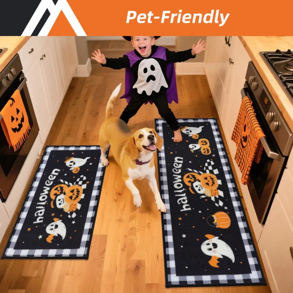 Kids and Pet Friendly Halloween Ghost and Pumpkin Kitchen Mat