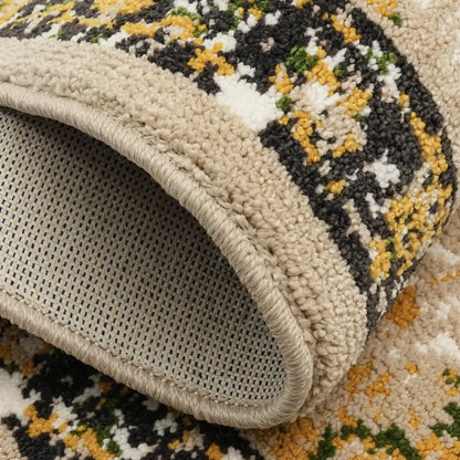 Close-up of a patterned rug with a textured border