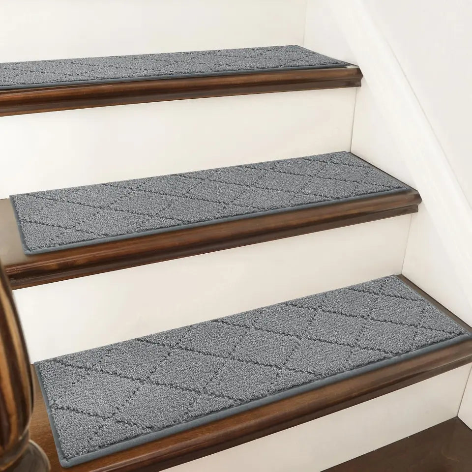 Medium Grey diamond-patterned stair treads on wooden stairs.