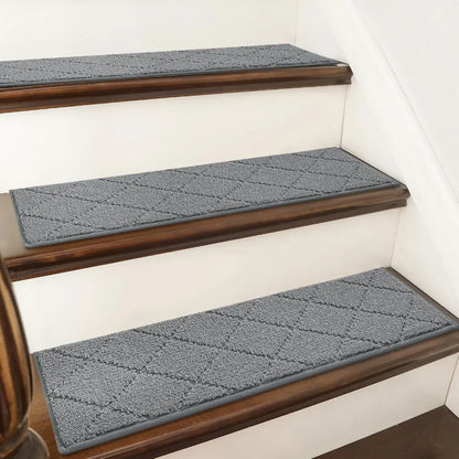 Medium Grey diamond-patterned stair treads on wooden stairs.
