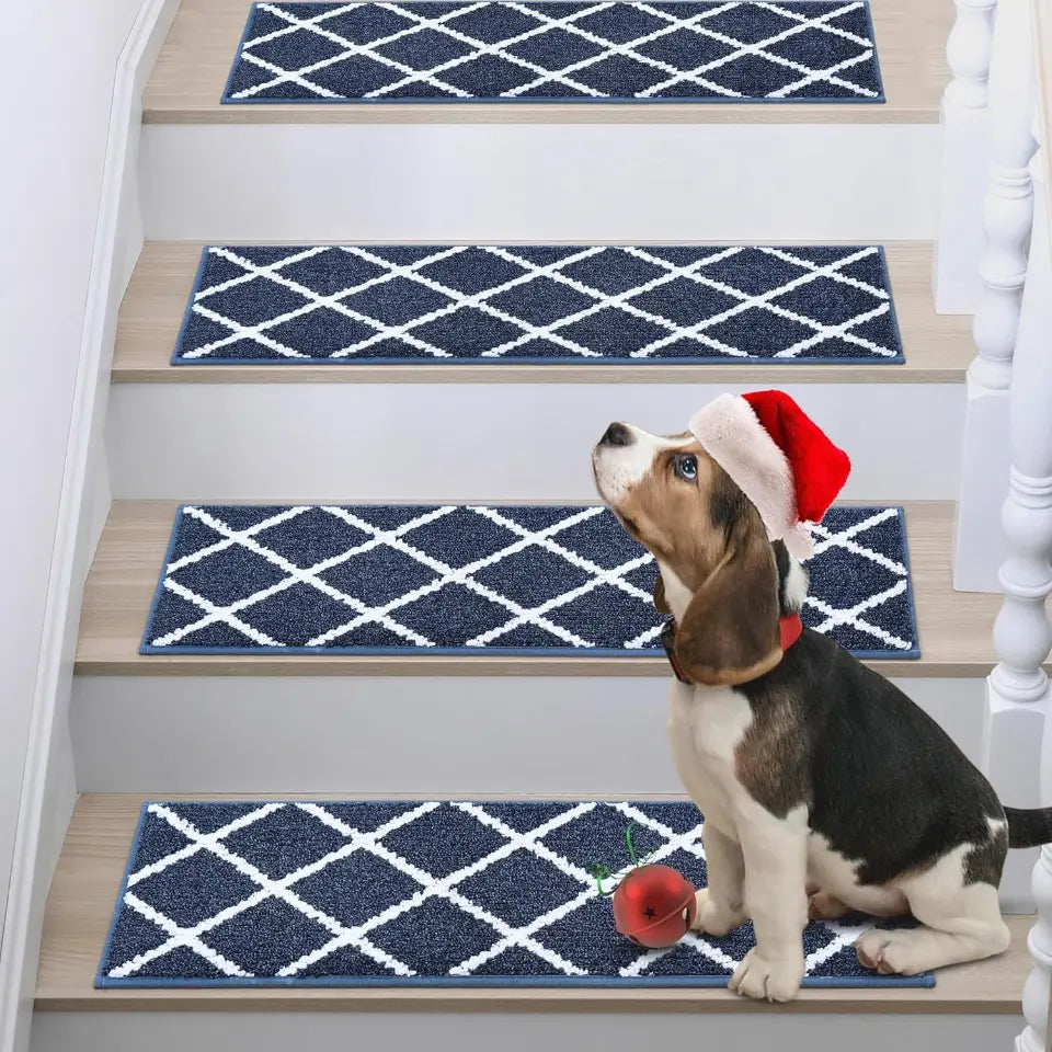 Navy Blue Diamond Trellis Stair Tread Carpet Mats