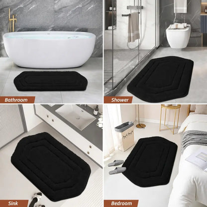 Bath mat shown in various bathroom settings including a bathtub, shower, sink, and bedroom.