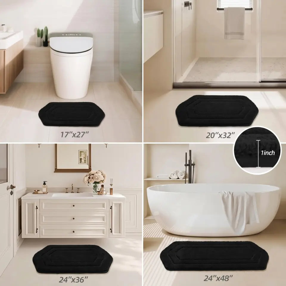 Bath mats of different sizes displayed in a bathroom setting with measurements.