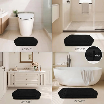 Bath mats of different sizes displayed in a bathroom setting with measurements.
