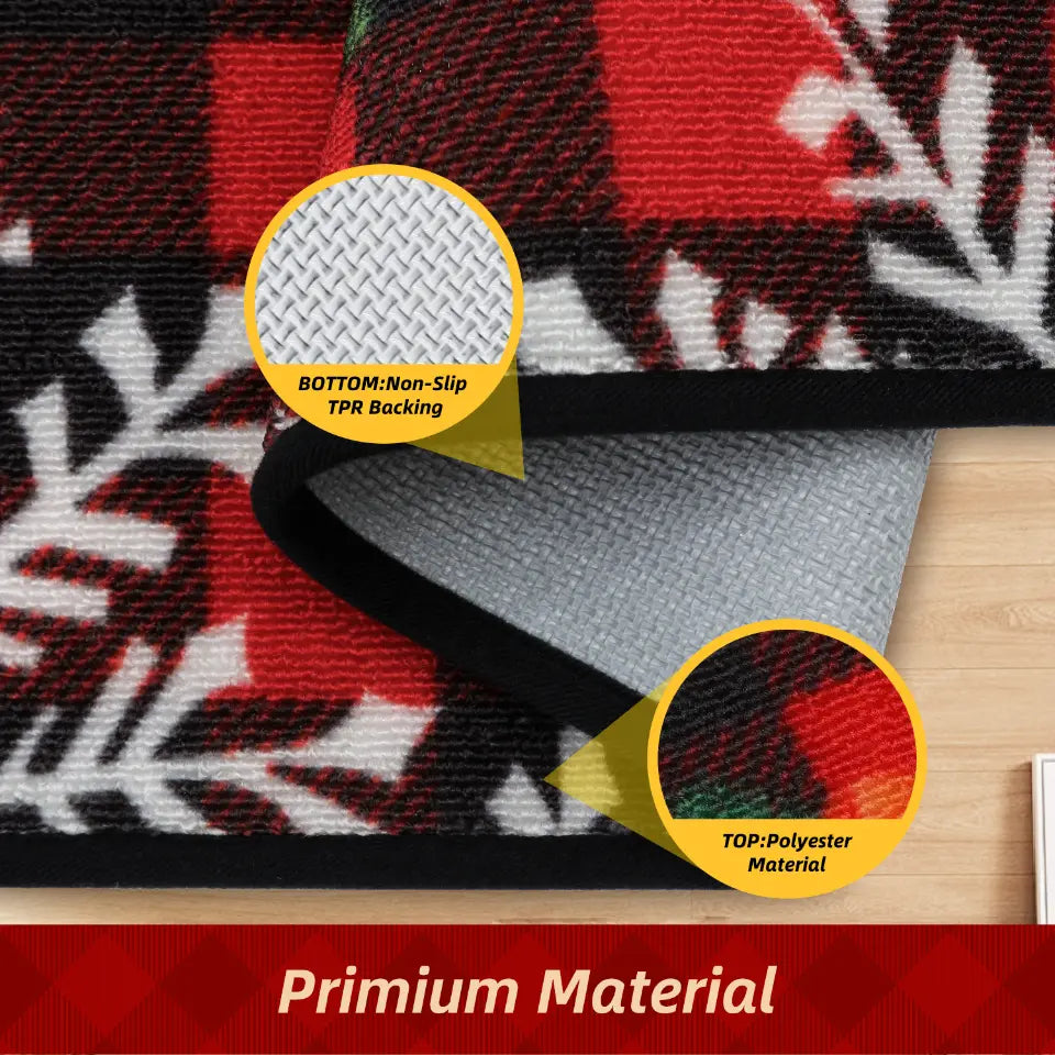 Primium Material of Buffalo Plaid Poinsettia Christmas Floor Mats