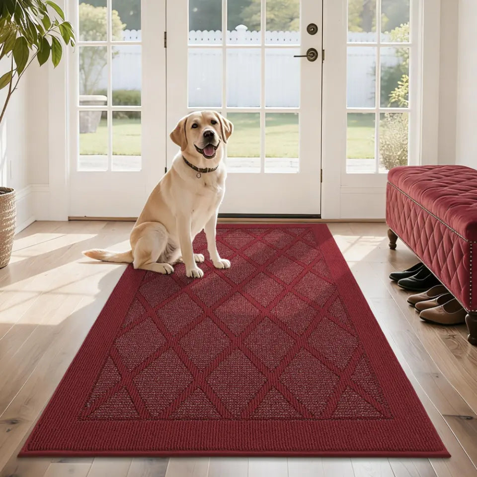 Dog sitting on a red rug in a room with a large window.