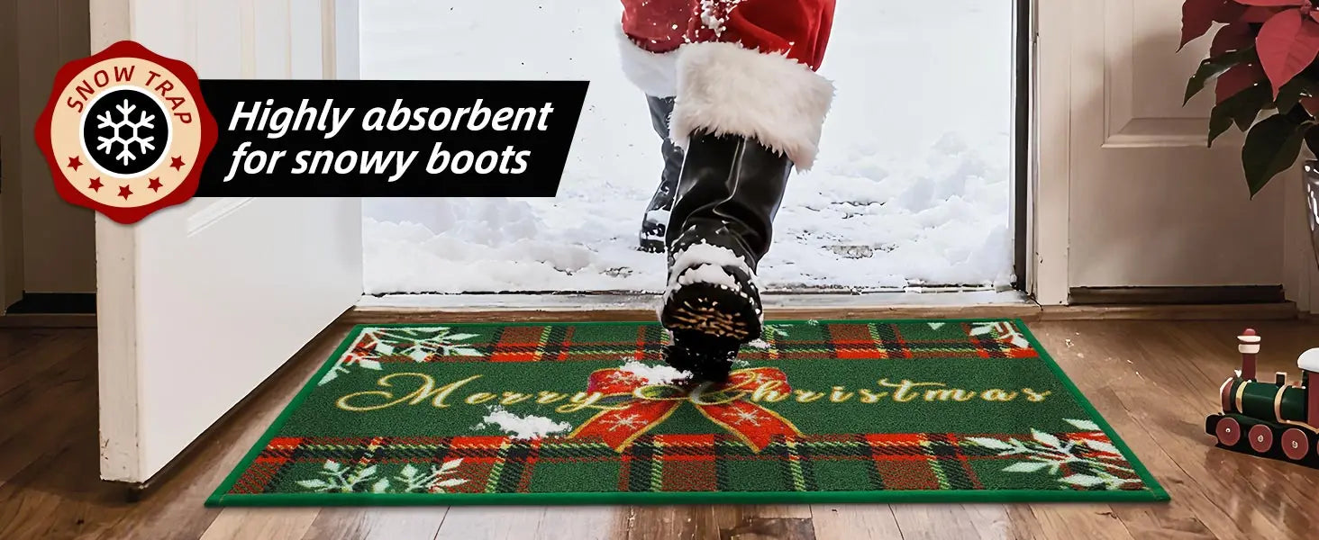 Santa Enter House and the Green Tartan Xmas Floor Mat Highly Absorbent for Snowy Boots