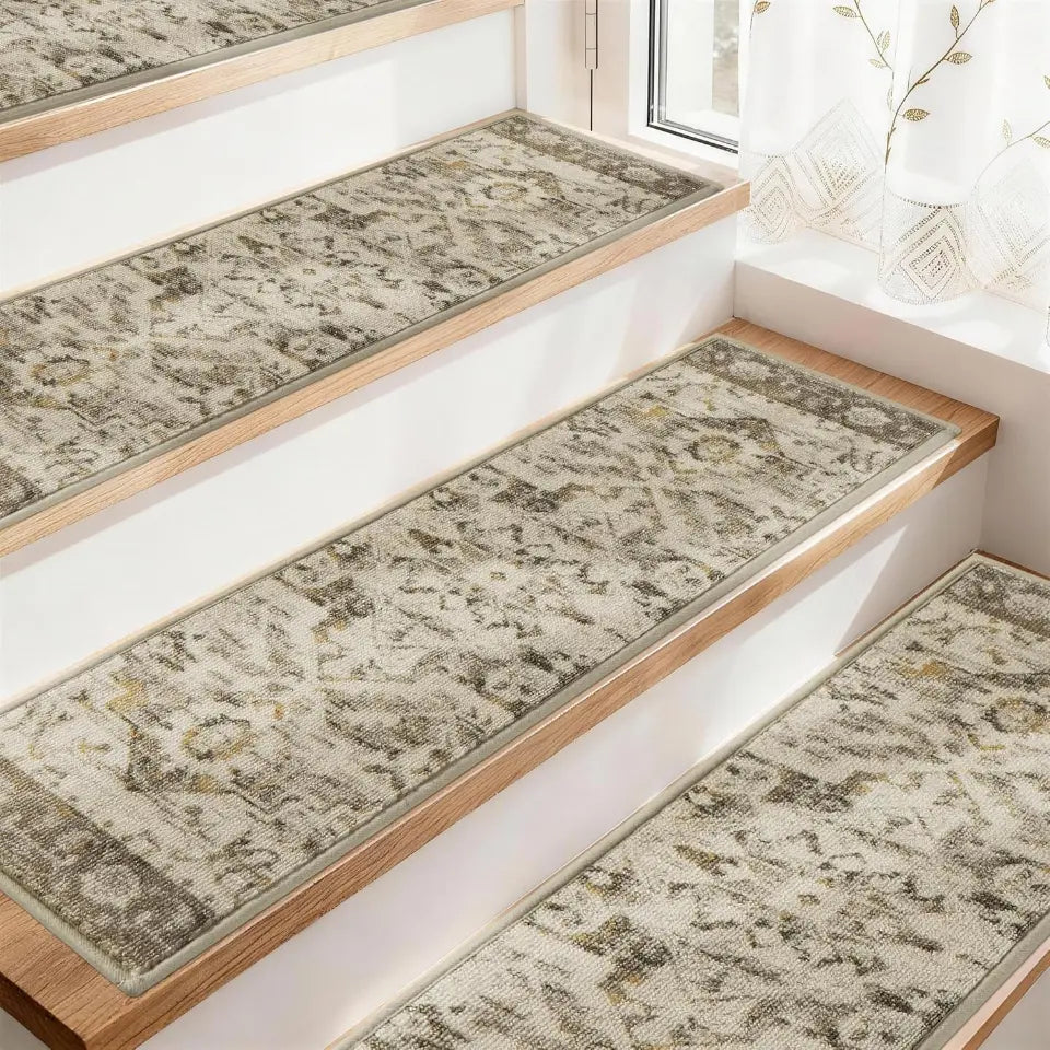 Tan Damask patterned stair runners on a staircase with a light background