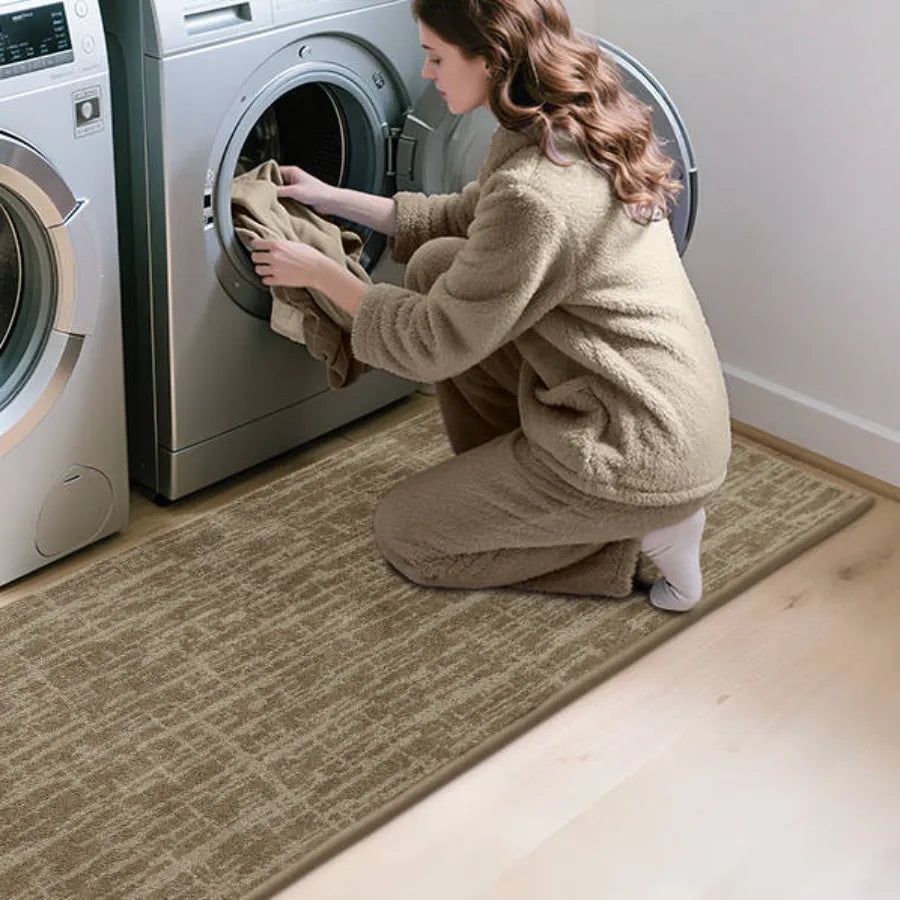 Taupe Abstract Kitchen Rugs Set in Laundry Room