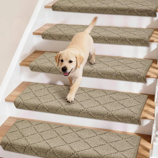 Dog on a set of stairs with beige carpeted risers