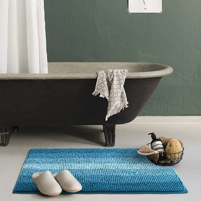 Teal Gradient Stripe Bath Rug in front of Tub