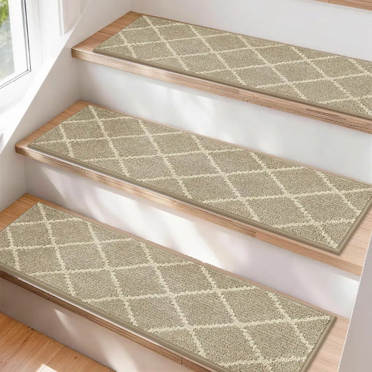 Beige stair treads with geometric pattern on wooden stairs