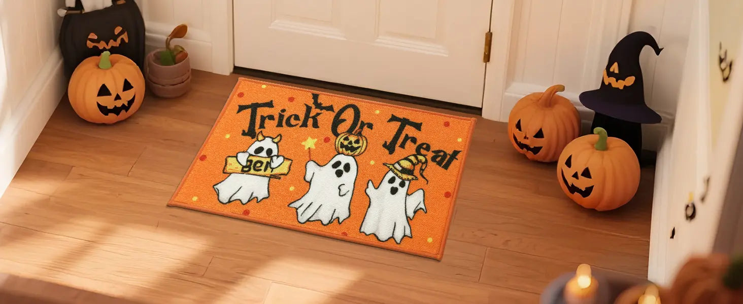 Trick or Treat Spooky Halloween Welcome Mat on Front Door Banner