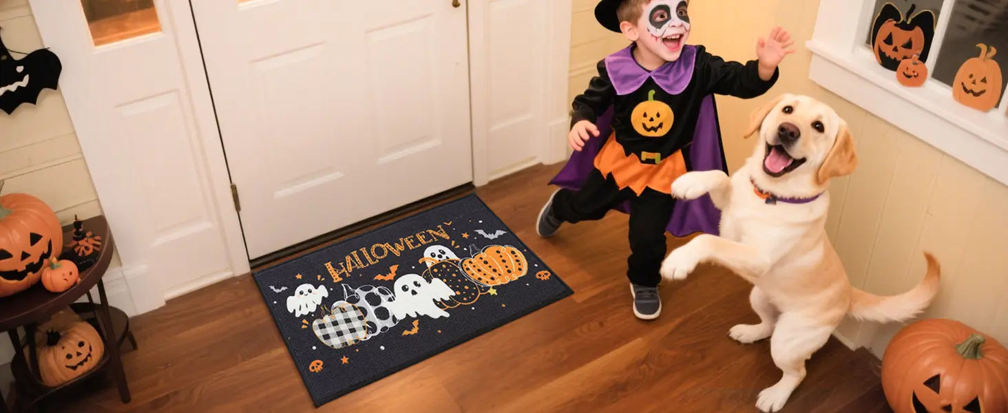 Tricker or Treater Ready on Hall with Scary Front Door Mat for Halloween