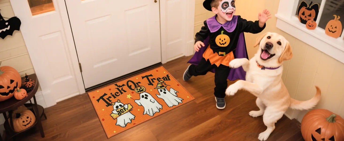 Tricker or Treater Ready on Hall with Trick or Treat Spooky Halloween Welcome Mat