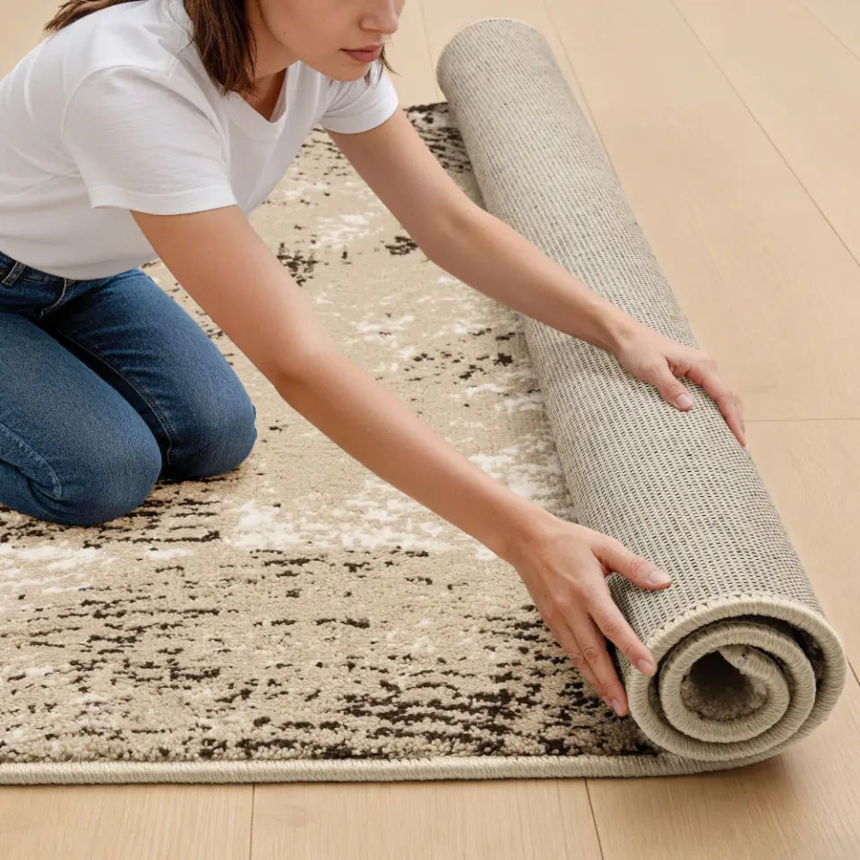 Person unrolling a new rug on a wooden floor
