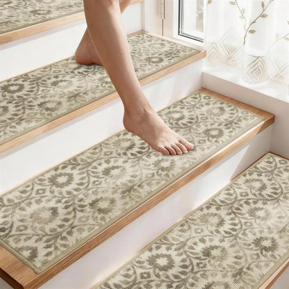 Patterned stair runners on a staircase with a person stepping onto one.