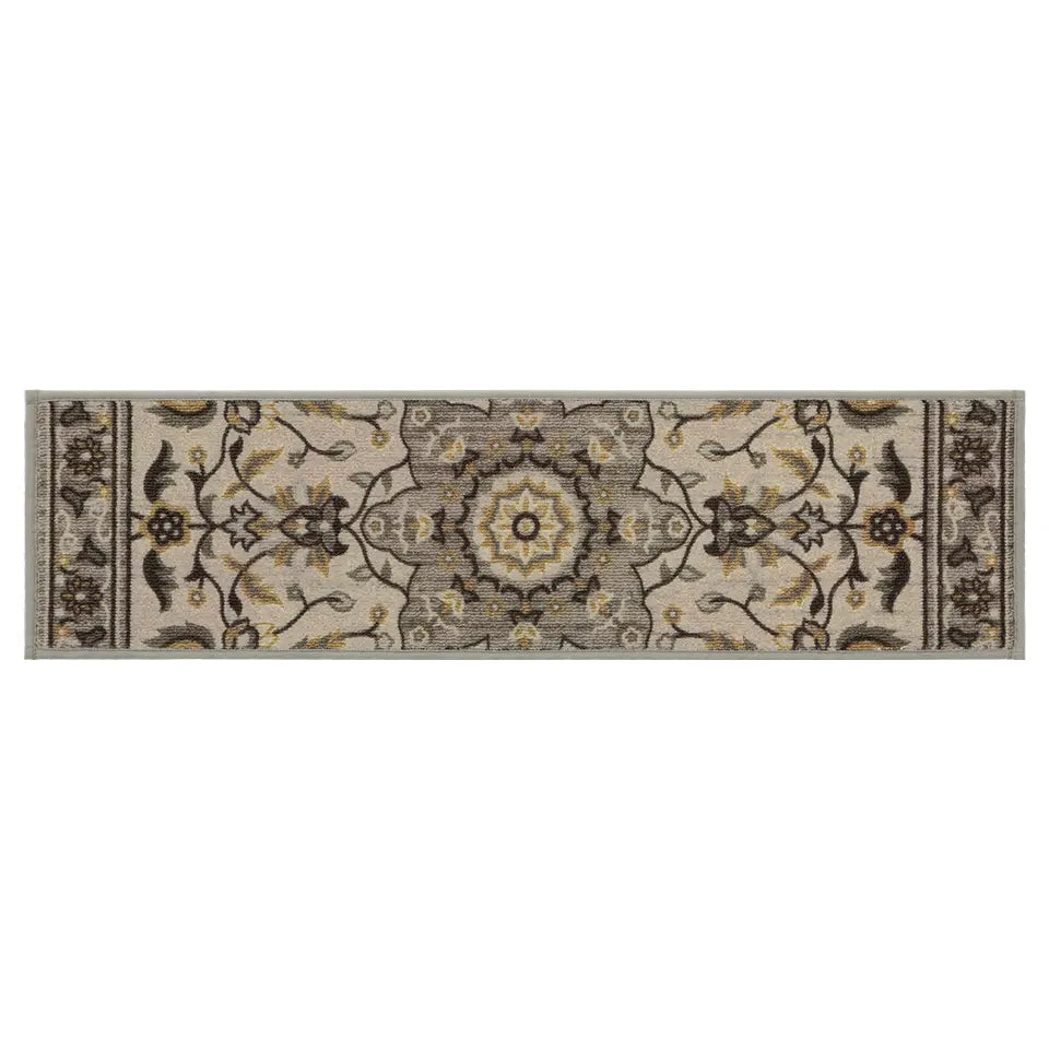 Decorative runner rug with intricate patterns on a white background