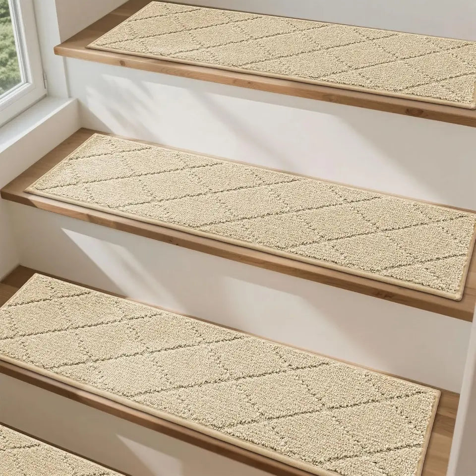 Warm beige textured stair treads on wooden stairs near a window.