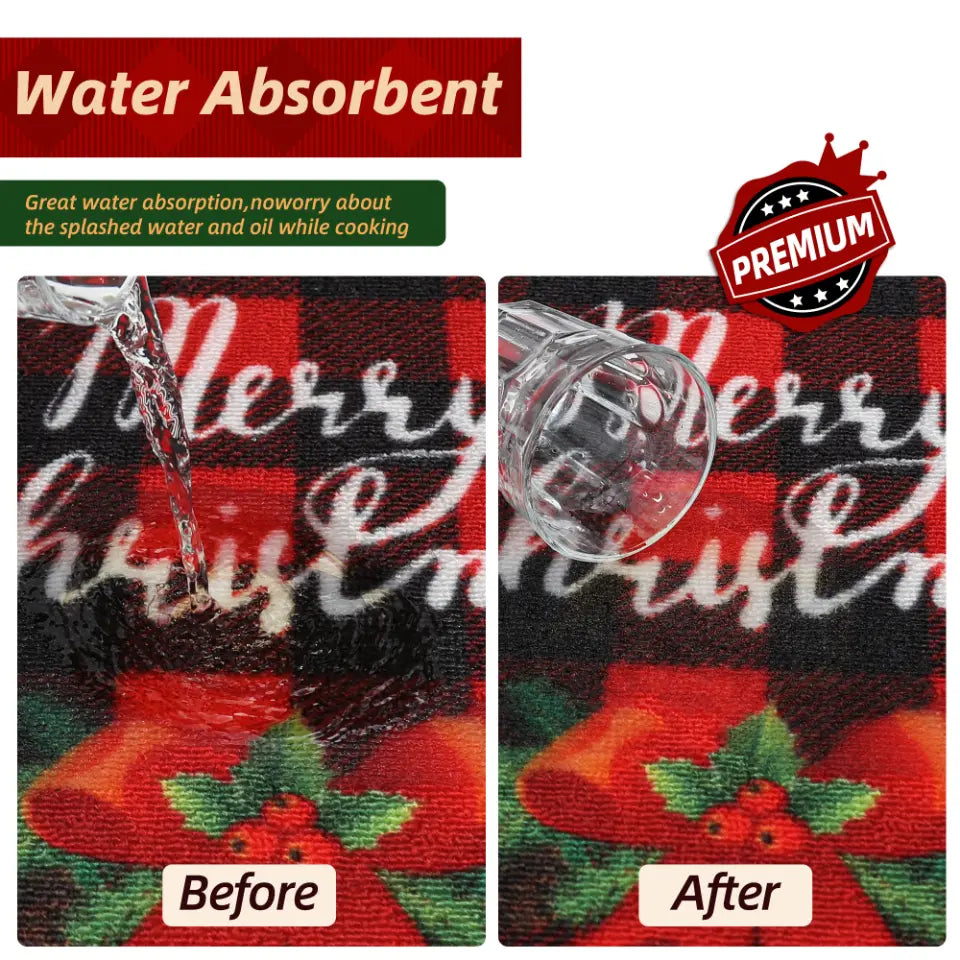 Water Absorbent Buffalo Plaid Poinsettia Christmas Kitchen Rug Runner